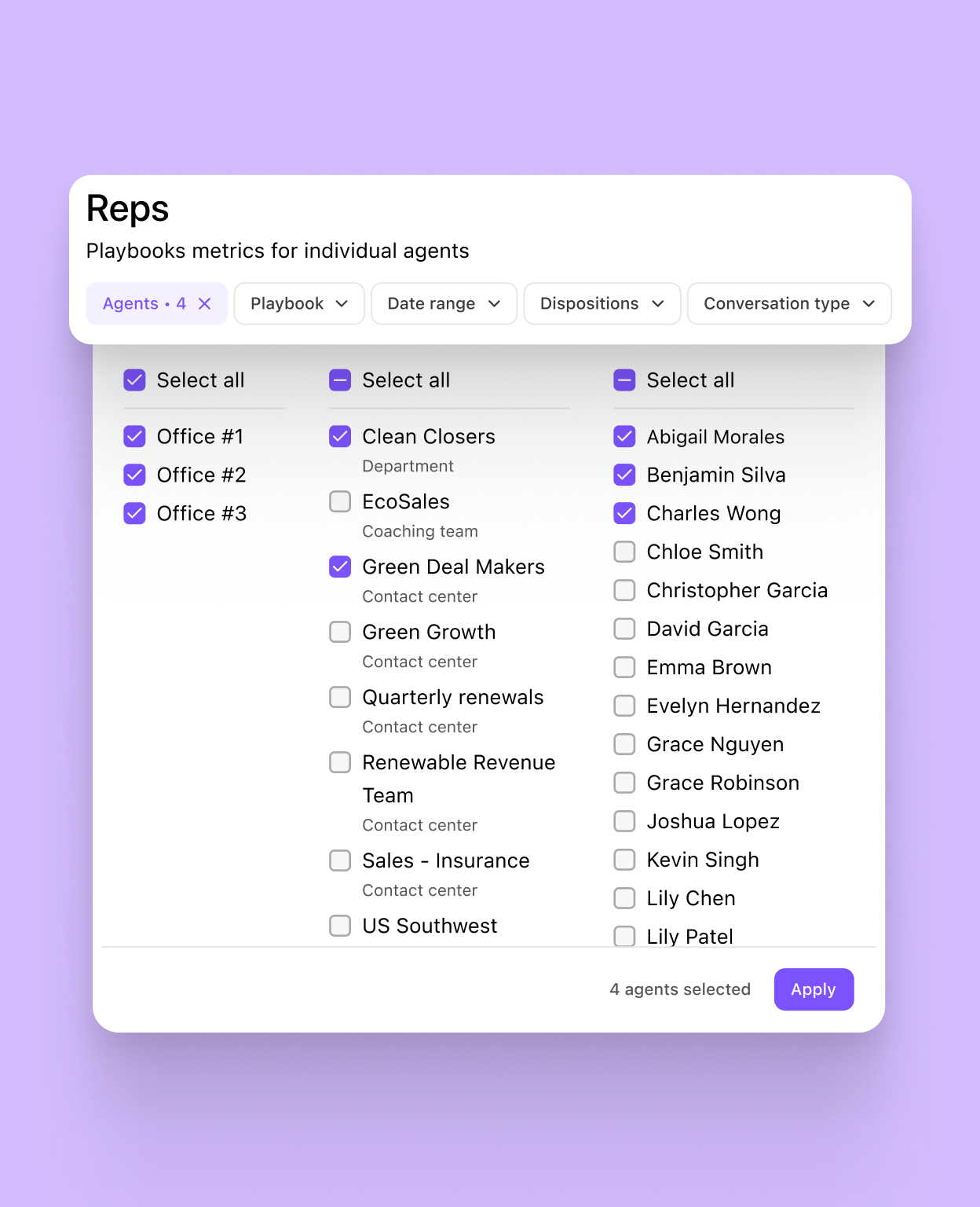Screenshot showing the selection of playbook metrics for individual agents in Dialpad
