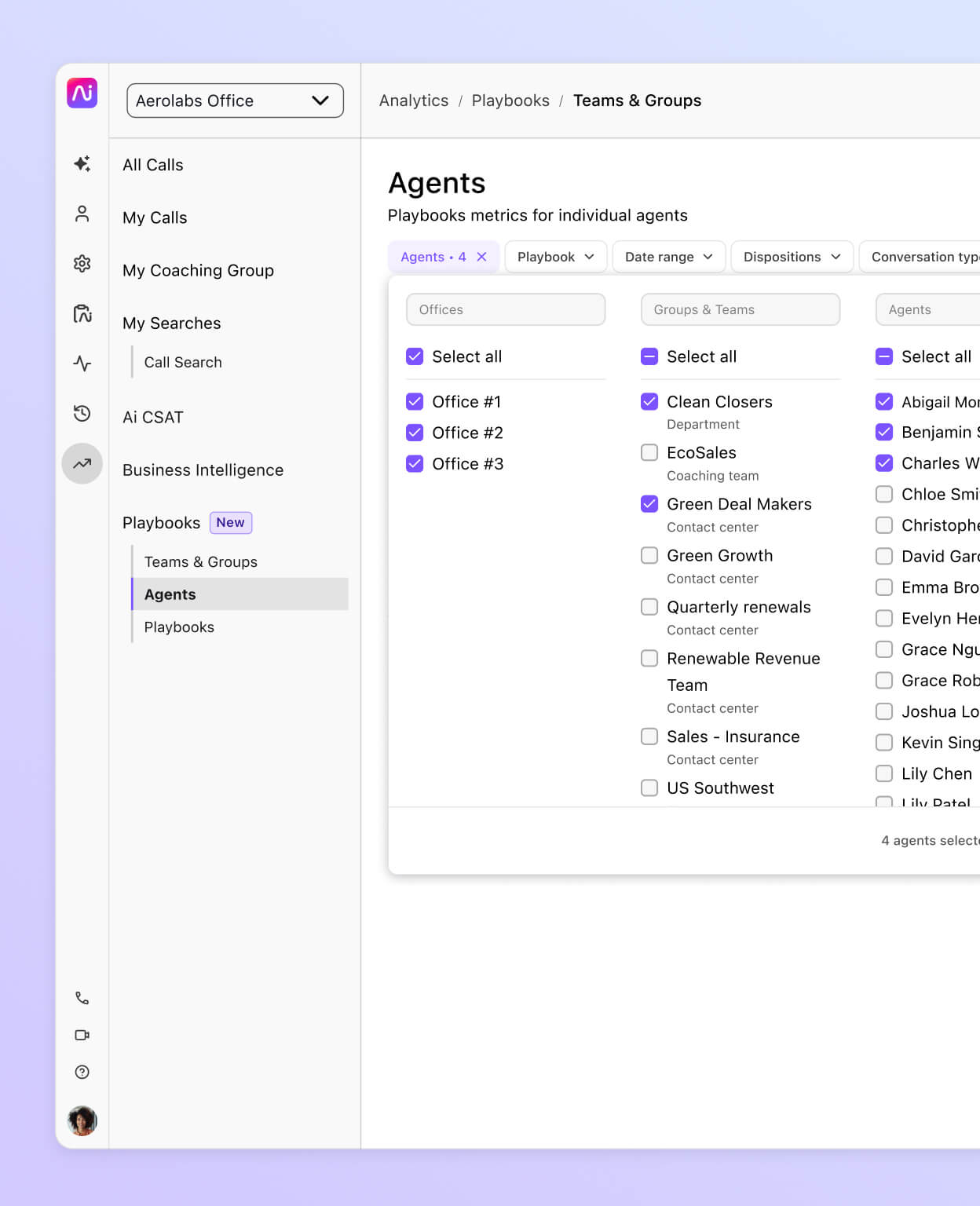Capture d’écran montrant la sélection des indicateurs des playbooks pour chaque agent dans Dialpad
