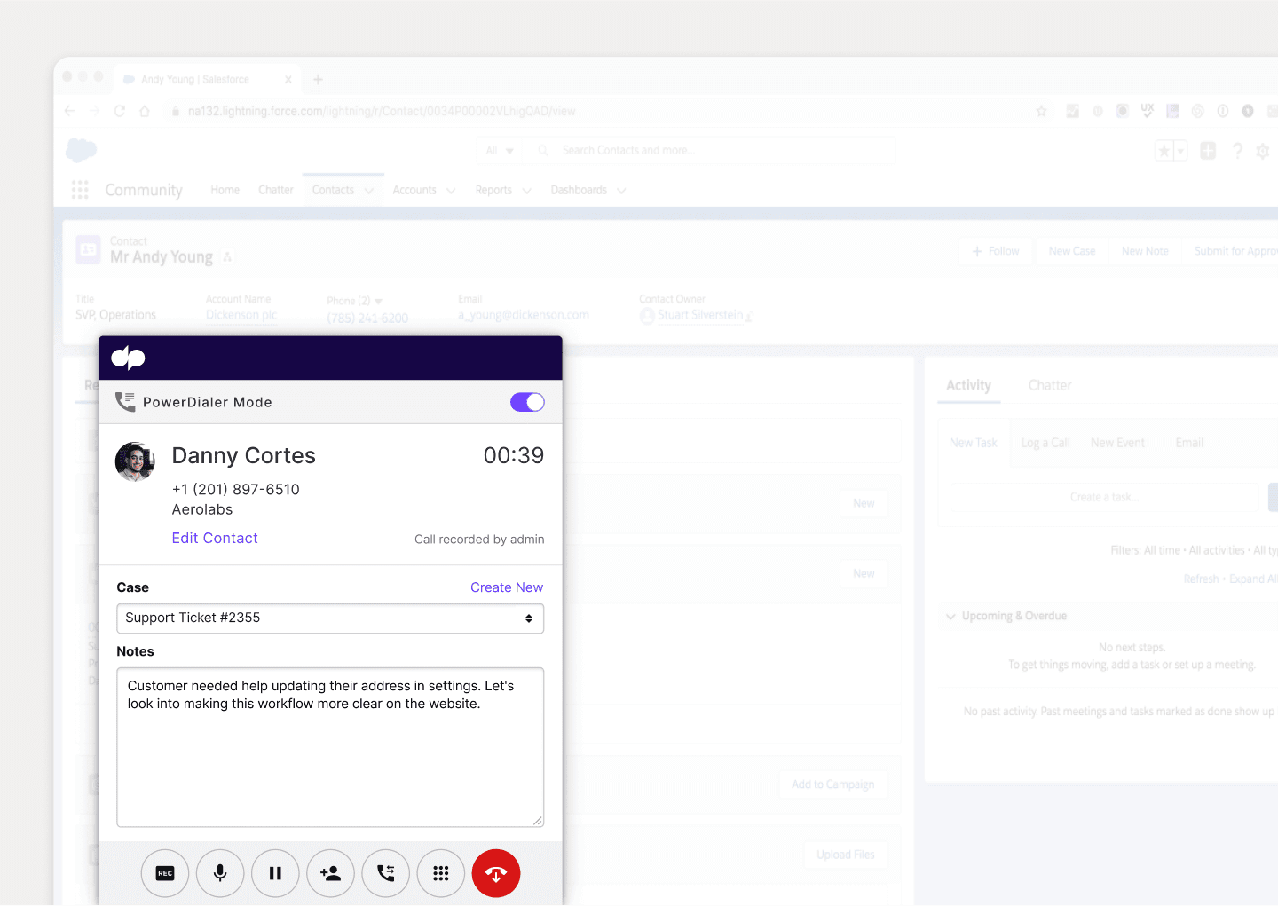 Screenshot of Dialpads integration with Salesforce