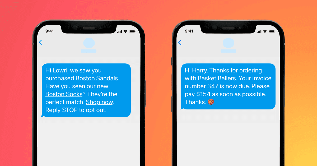 Two smartphone mockups side by side, both show an automated sms message that was received
