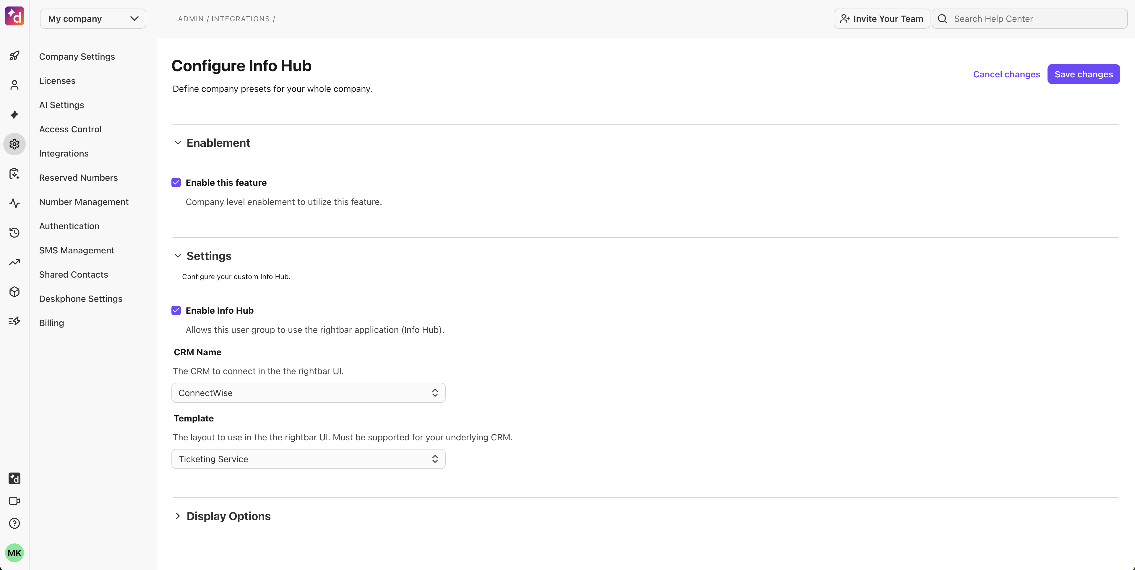 Info Hub Integration Settings