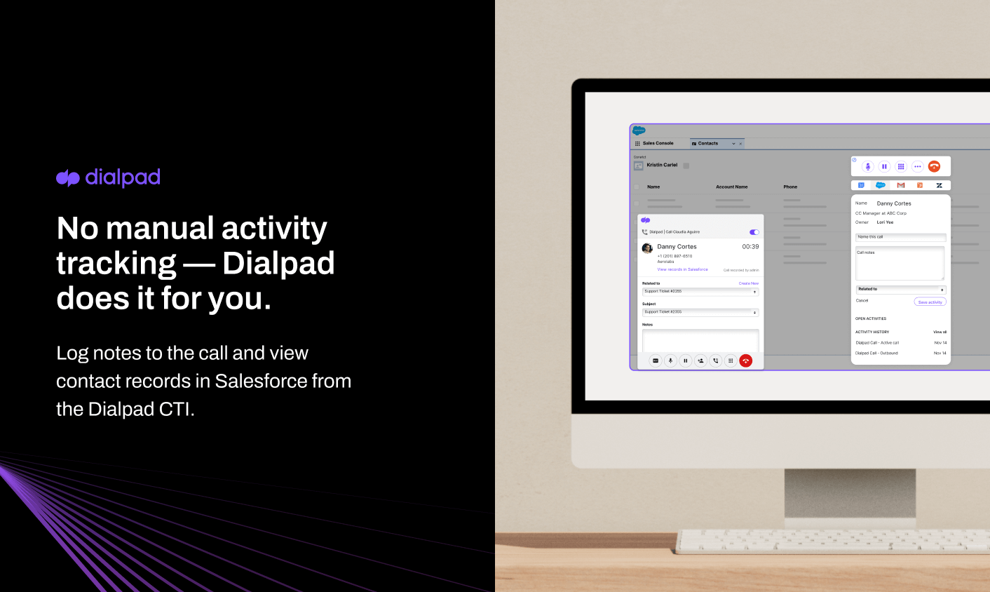 Screenshot of logging notes to the call and viewing contact records in Salesforce from the Dialpad CTI
