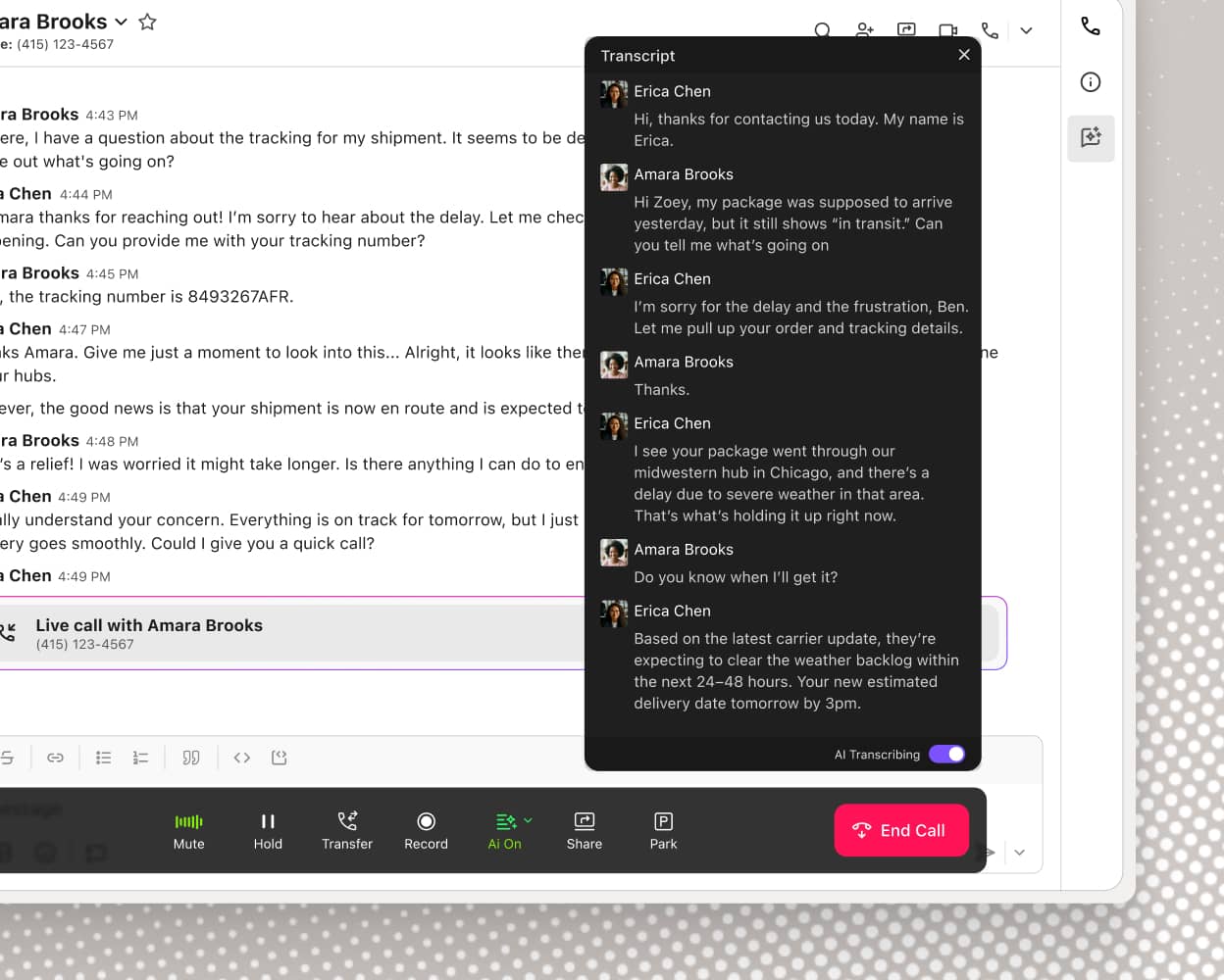 Screenshot of Dialpad AI transcribing a phone call in real time