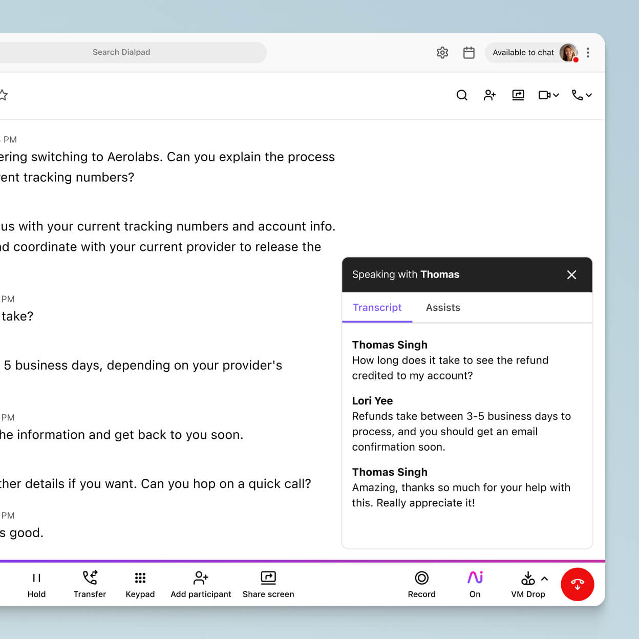 Screenshot of Dialpad Ai transcribing a phone call in real time