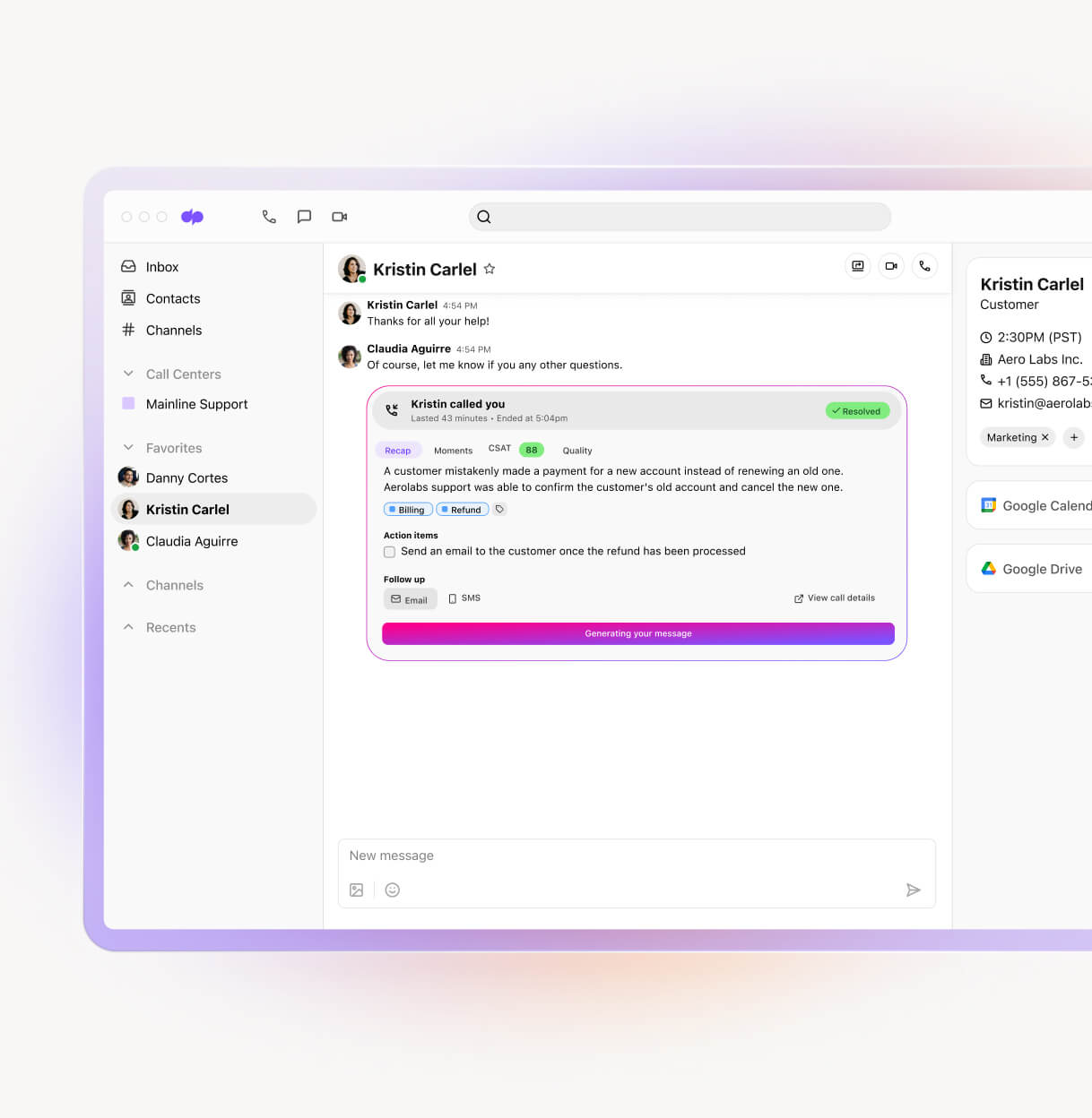 Screenshot of Dialpad Ai Recaps generating a summary and action items after a phone call ends