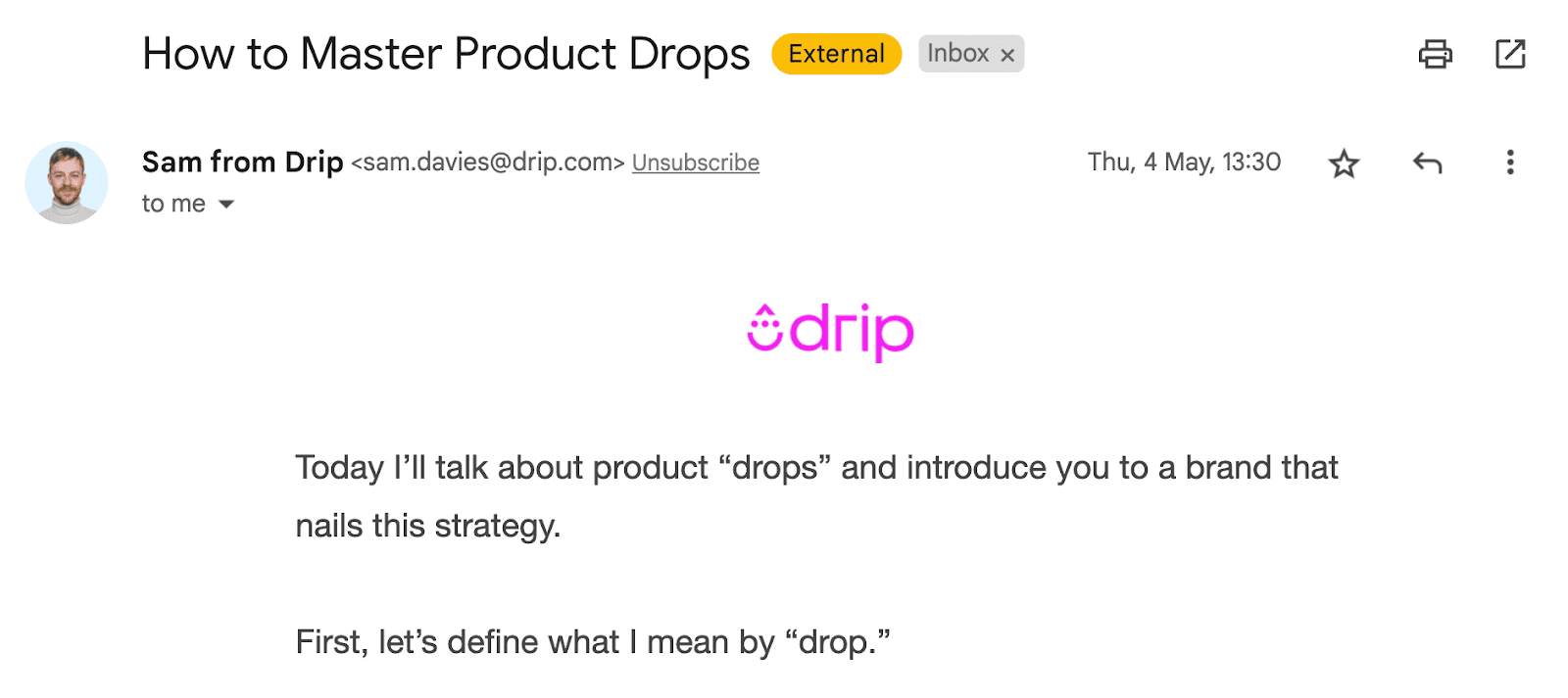 Email from Drip.com about product drops