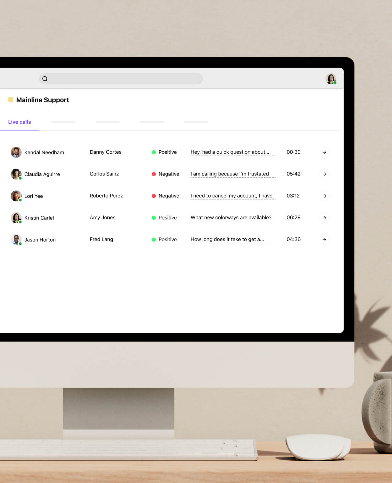 A computer showing a screenshot of Dialpad AI analyzing the sentiment of multiple calls in real time