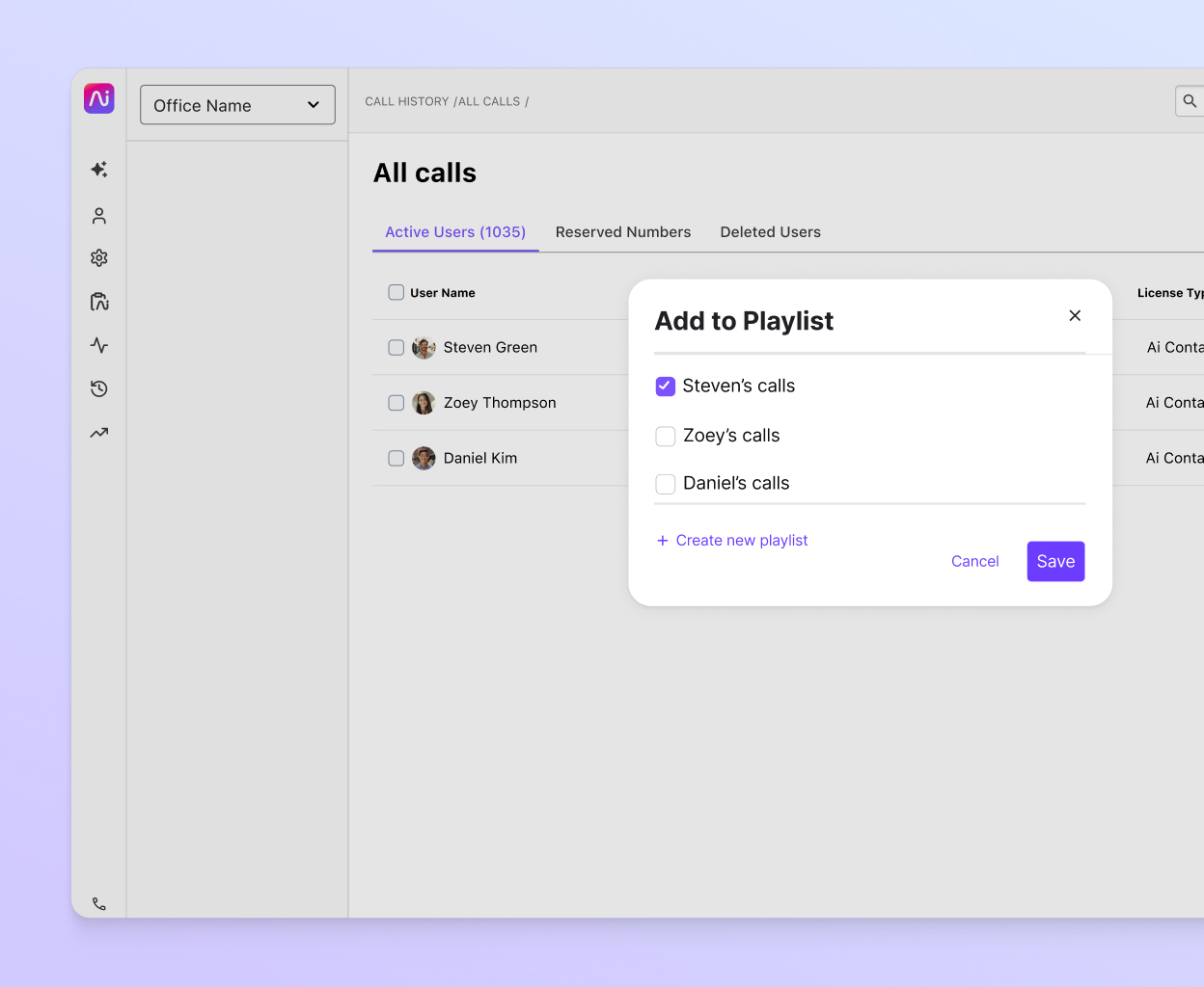 Screenshot of creating a coaching call recording playlist in Dialpad