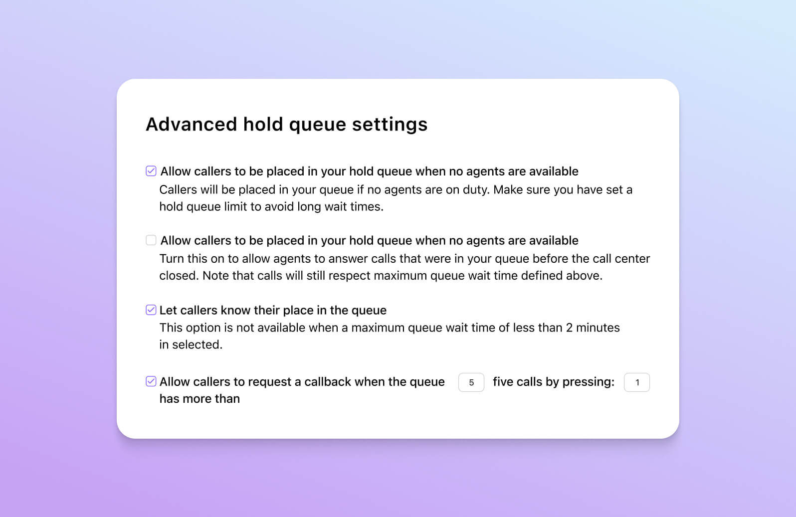 Screenshot of advanced hold queue settings in Dialpad