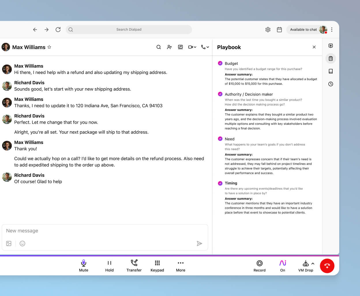 Screenshot of Dialpad AI suggesting BANT sales playbook tasks for a rep in real time