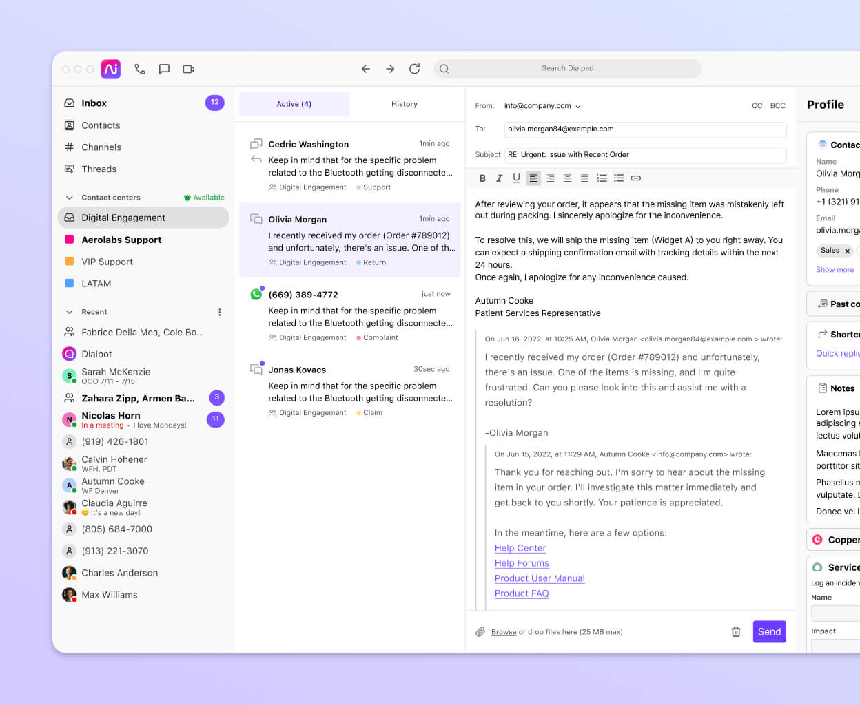 A screenshot of social media, digital, and voice channels being handled by an agent