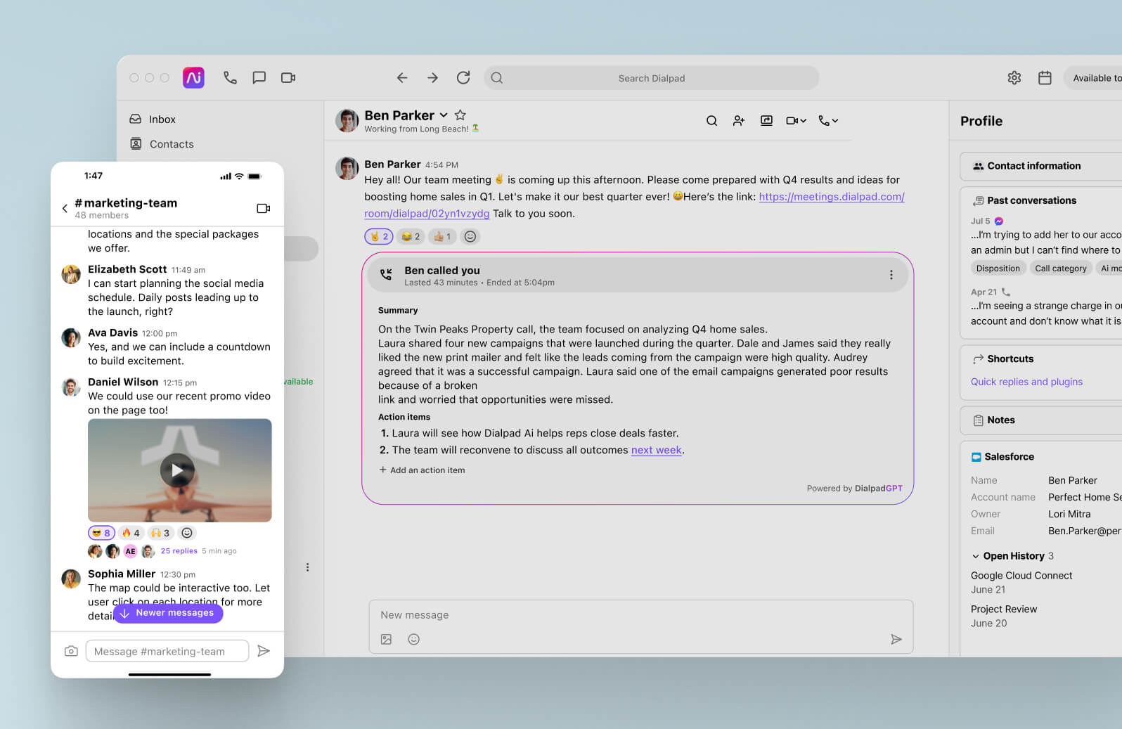 Screenshot of business text messaging features in Dialpad's desktop and mobile applications
