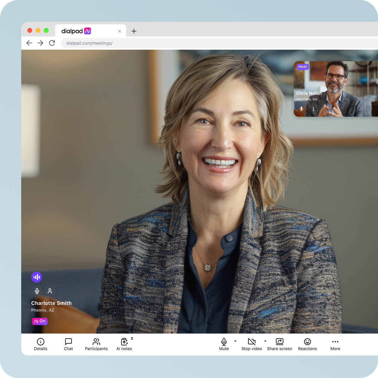Screenshot of Dialpad's video conferencing interface displaying a video feed with two participants
