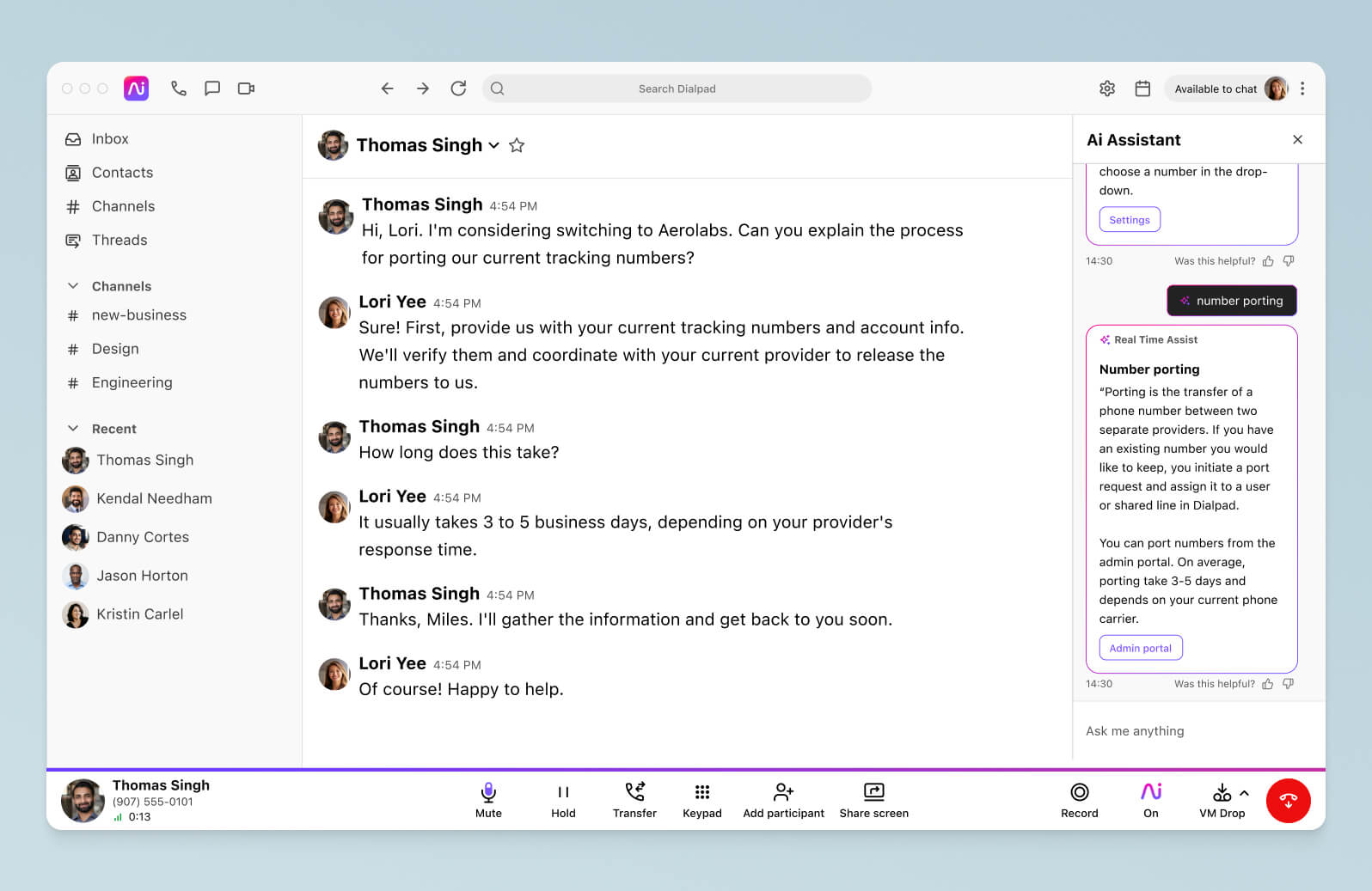 Screenshot of Dialpads real time assist card feature popping up helpful notes for an agent or rep when a tricky question comes up on a call