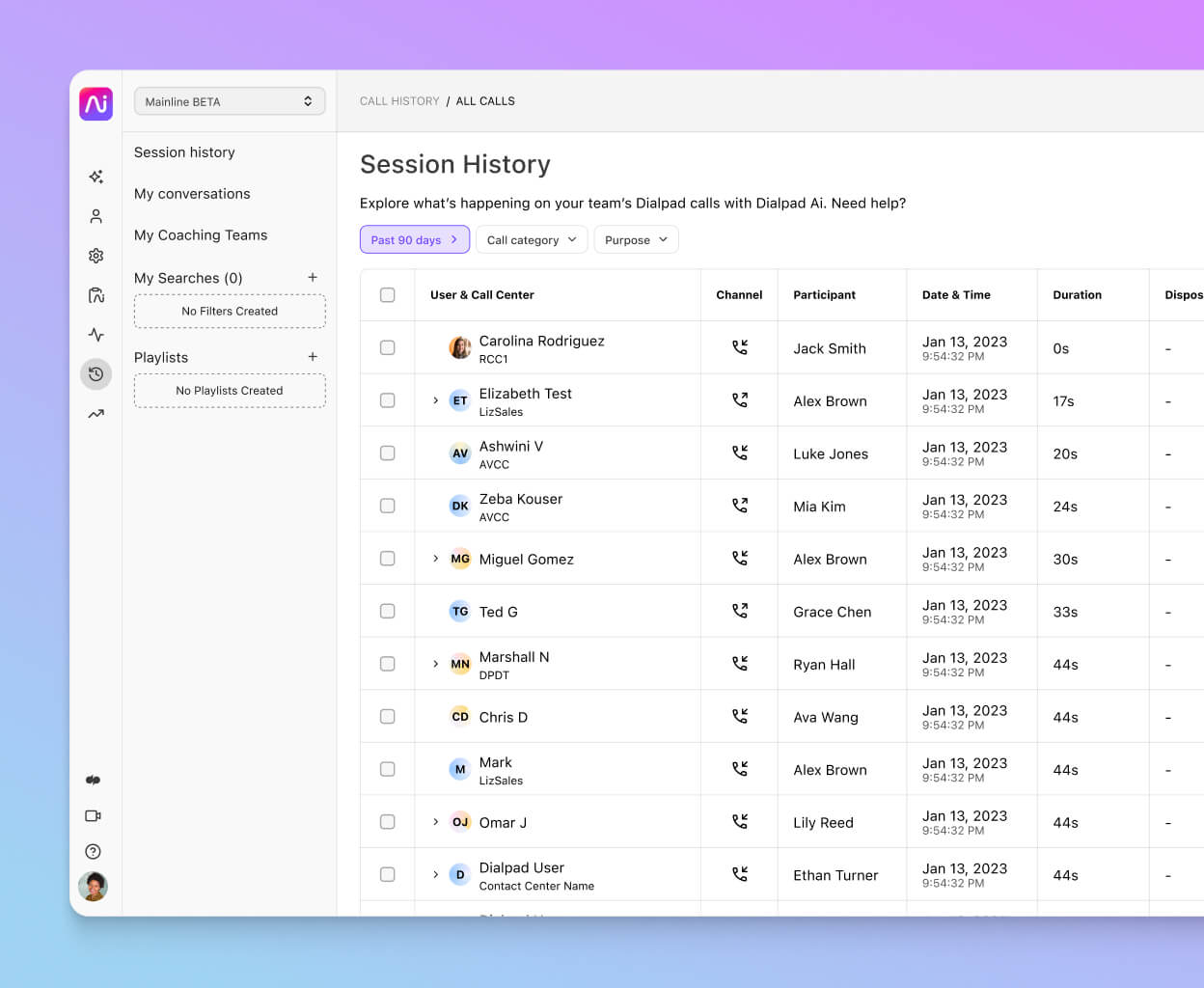 Screenshot of call history interface in Dialpad