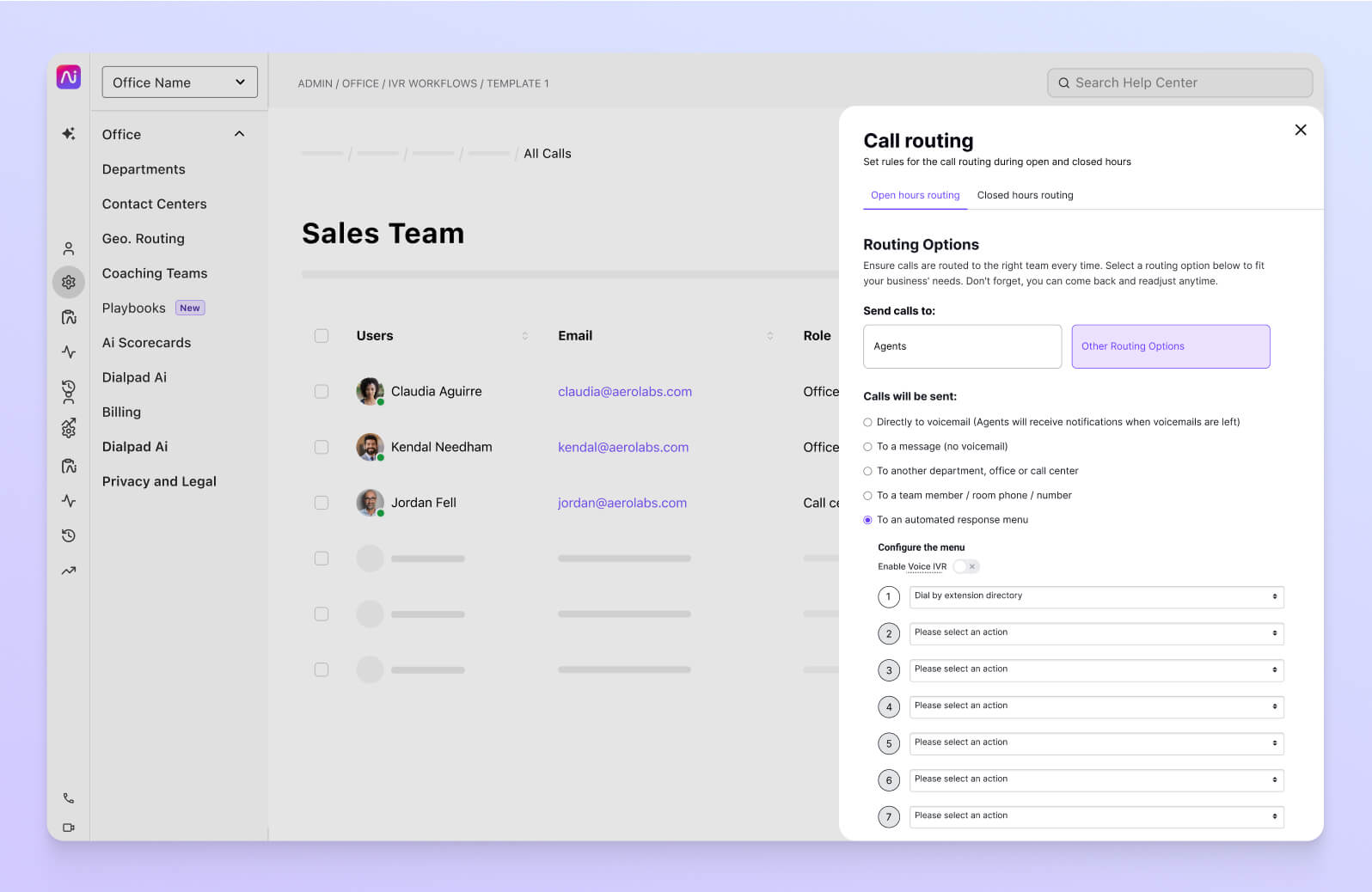 Screenshot of Dialpads call routing options
