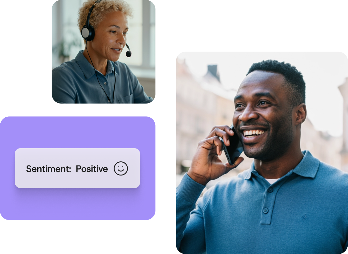 Image of a customer speaking with customer support on the phone, a customer support agent speaking with a customer, and a sentiment analysis that is positive