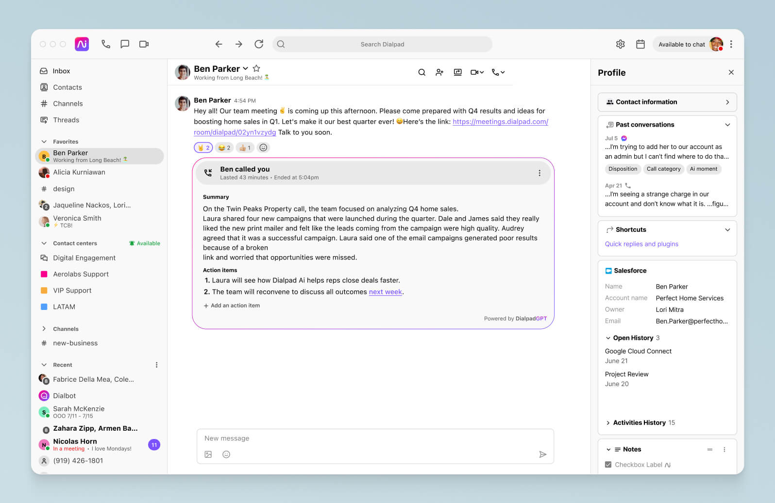 Screenshot of Dialpad Ai Recaps generating a summary and action items after a phone call ends