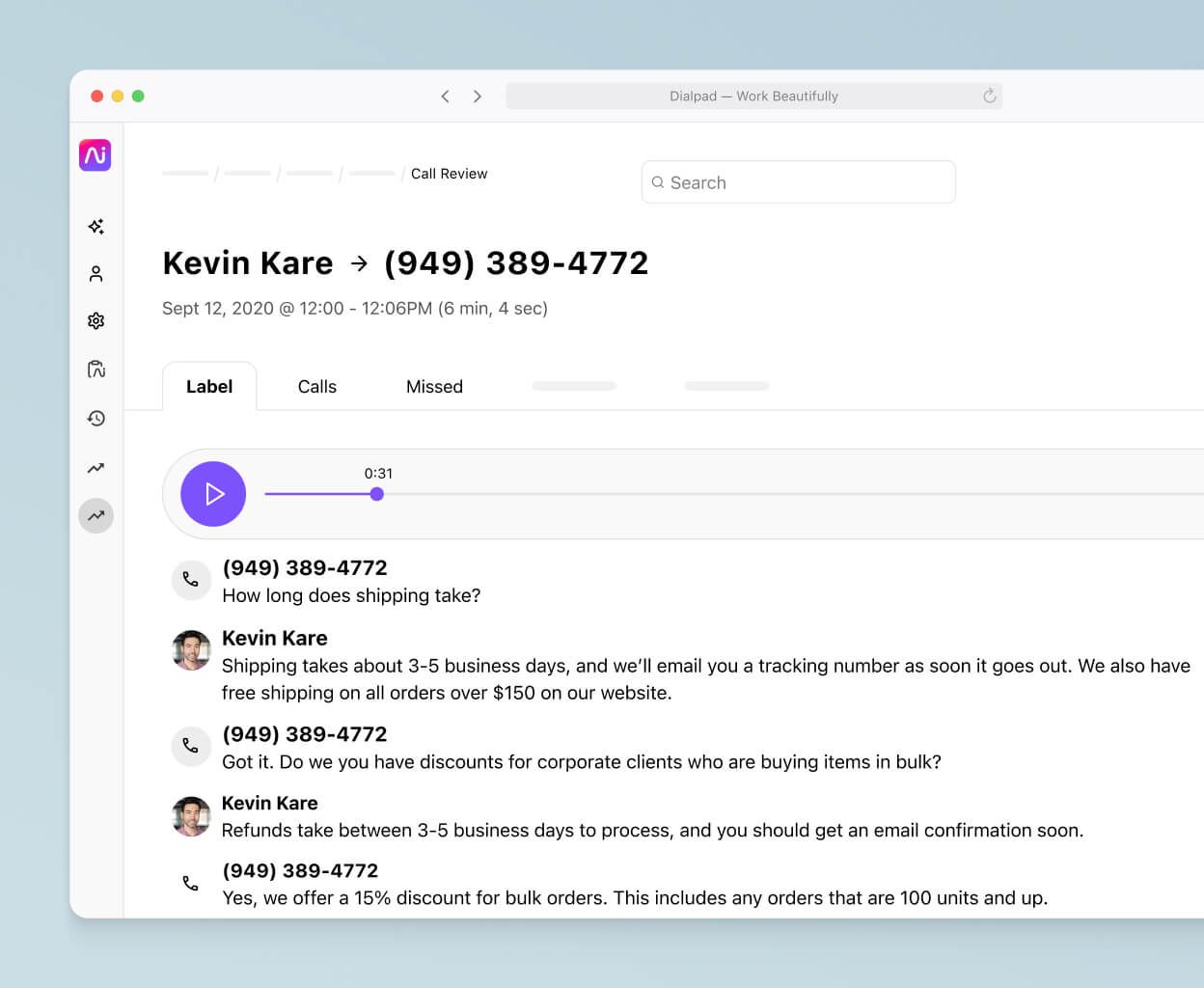 Screenshot of Dialpad's AI-powered post-call summary with transcript and recording