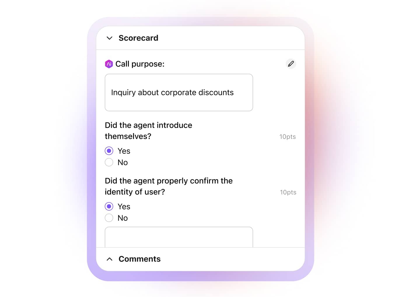 Screenshot of Dialpads QA scorecards feature