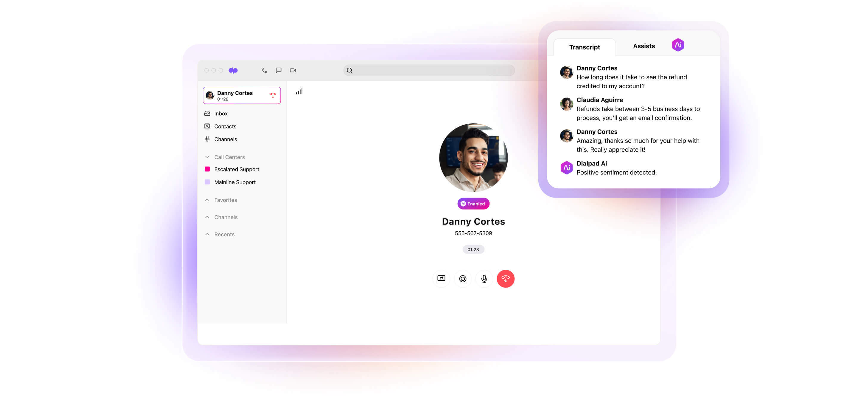Screenshot of Dialpad Ai transcribing a phone call in real time