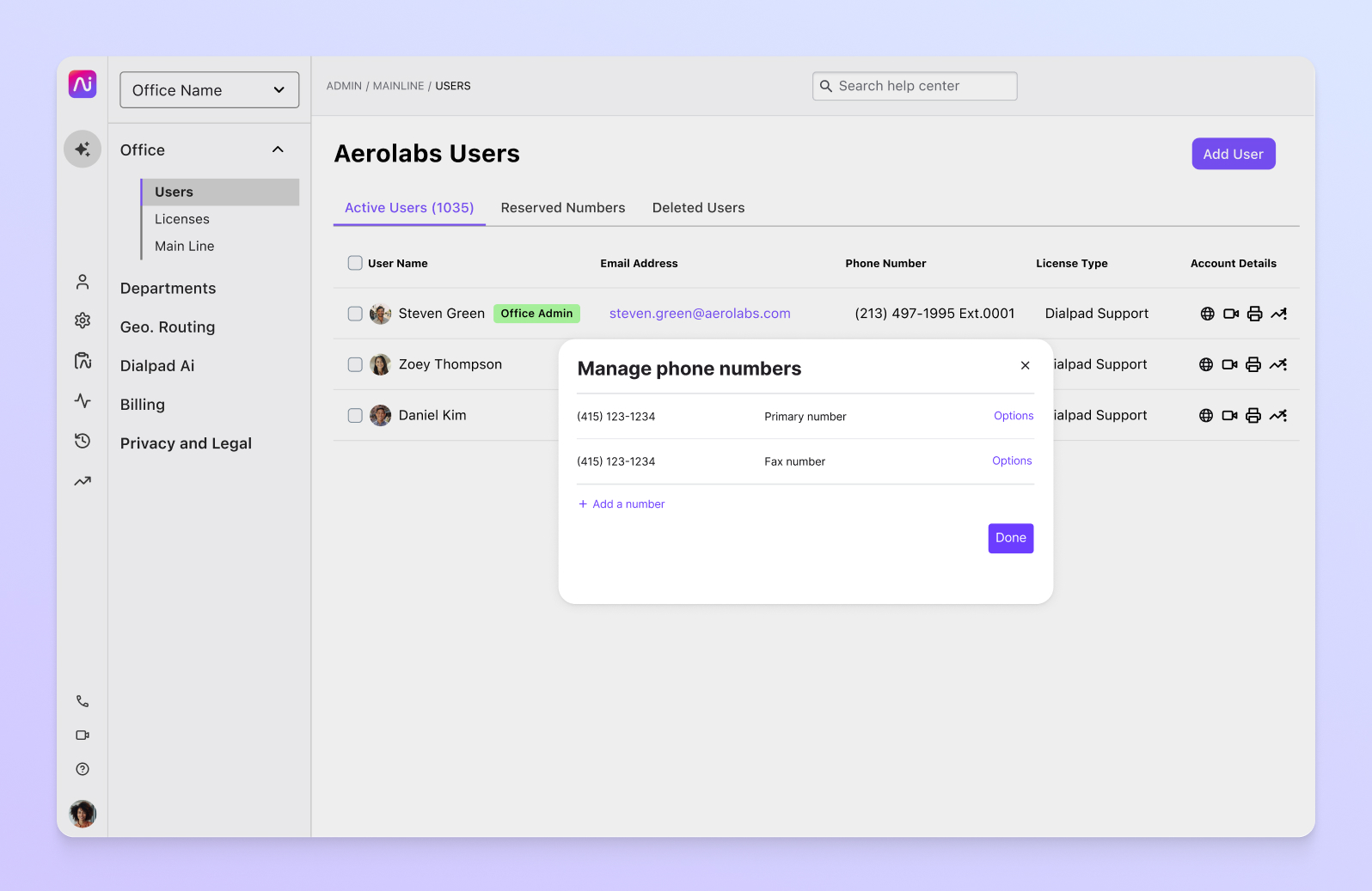 Dialpad’s admin dashboard, where you can easily add new users 