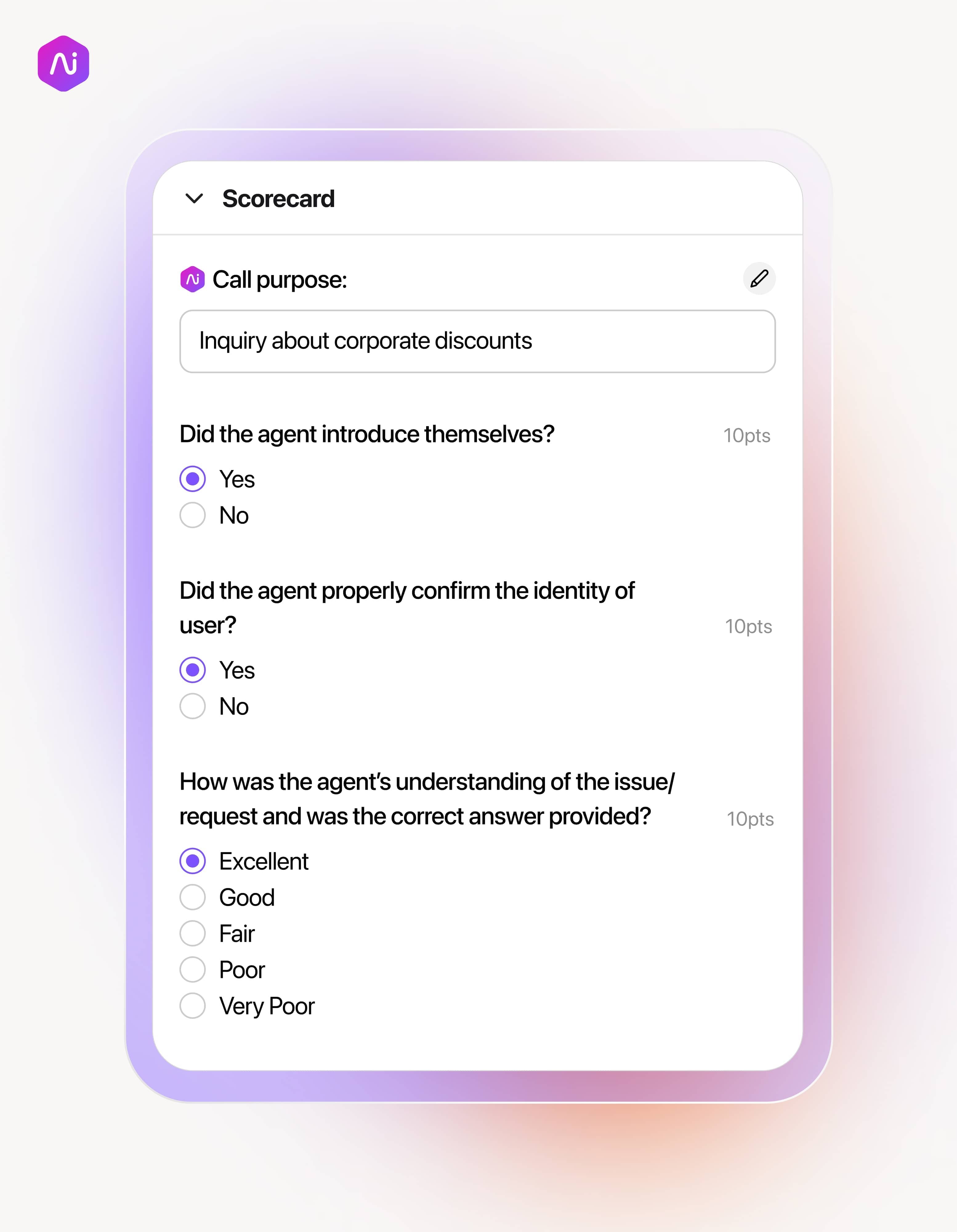 Screenshot of call criteria listed in Dialpad's AI-powered QA scorecards
