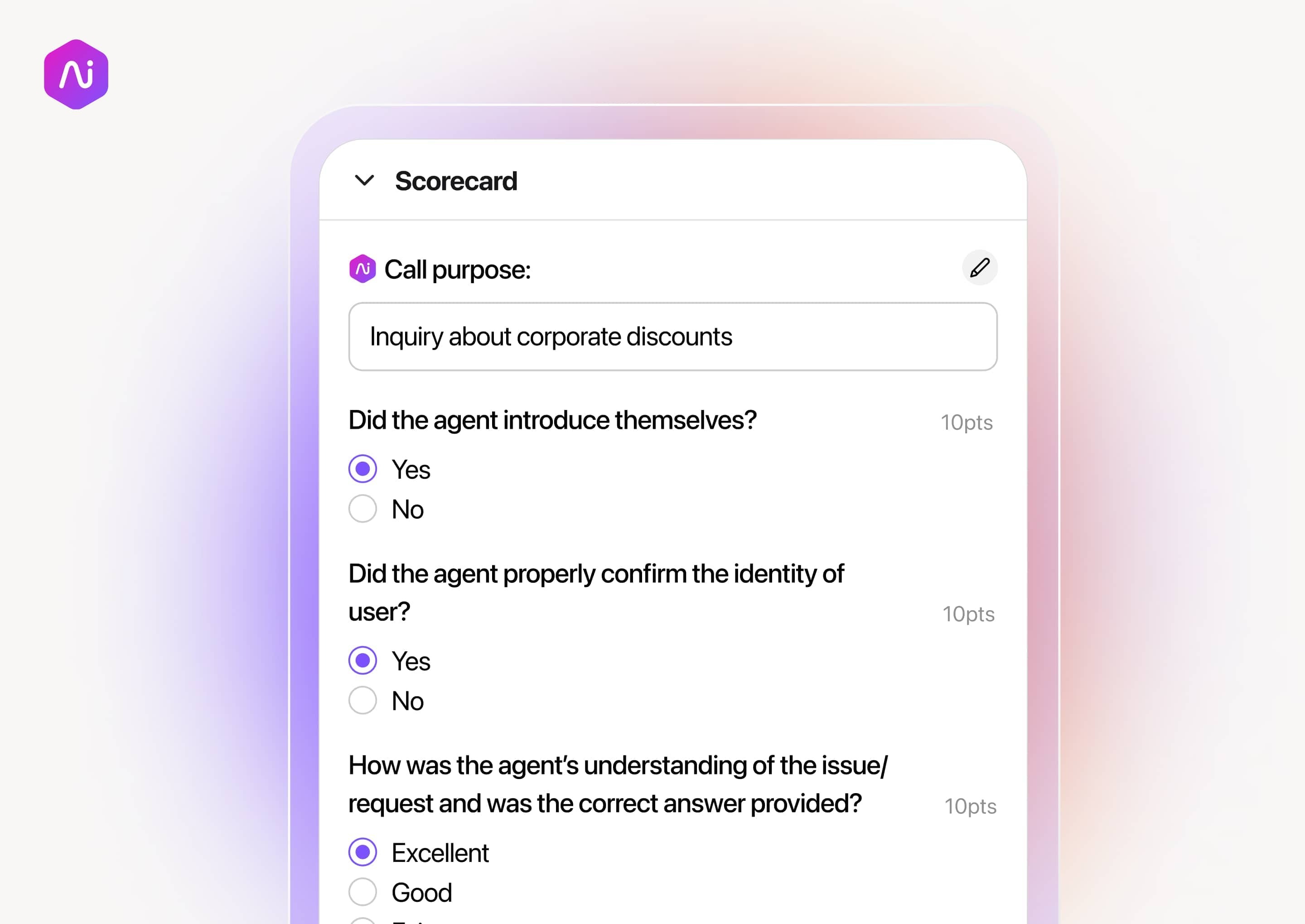 Screenshot of call criteria listed in Dialpad's AI-powered QA scorecards