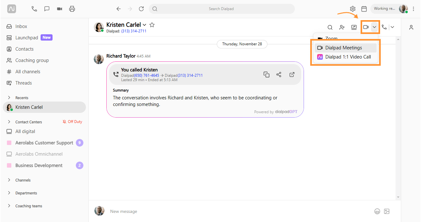 Making a video call with Dialpad