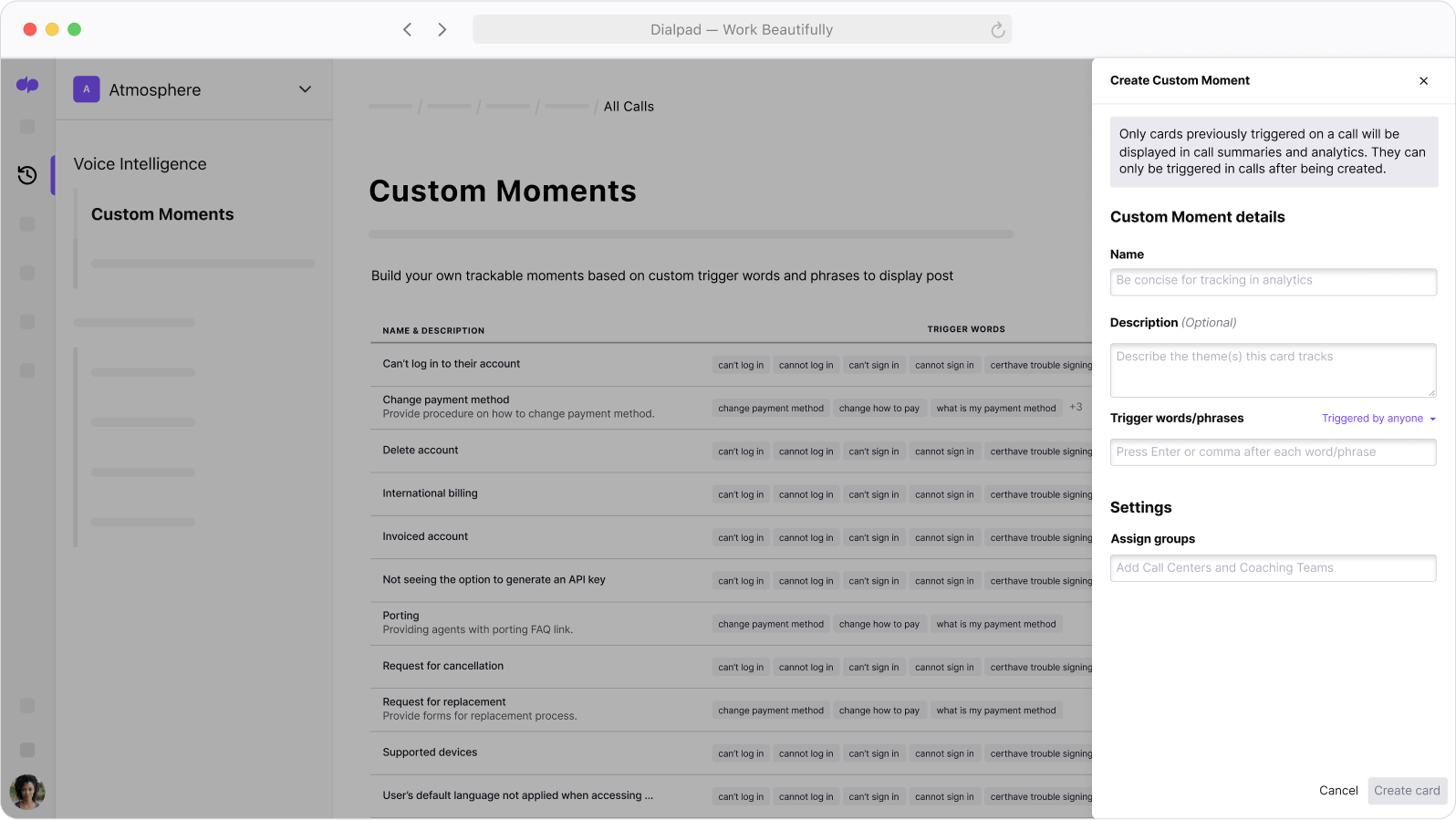 Screenshot of creating a Custom Moment in Dialpad which uses AI to track how often certain keywords are coming up on calls
