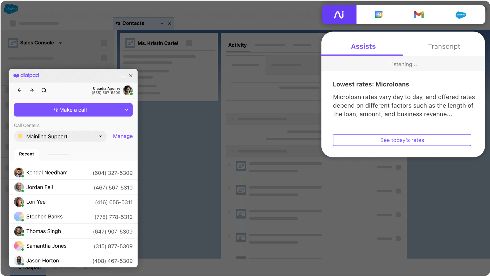 Screenshot of Dialpads Salesforce integration popping up helpful notes for an agent or rep when a tricky question comes up on a call