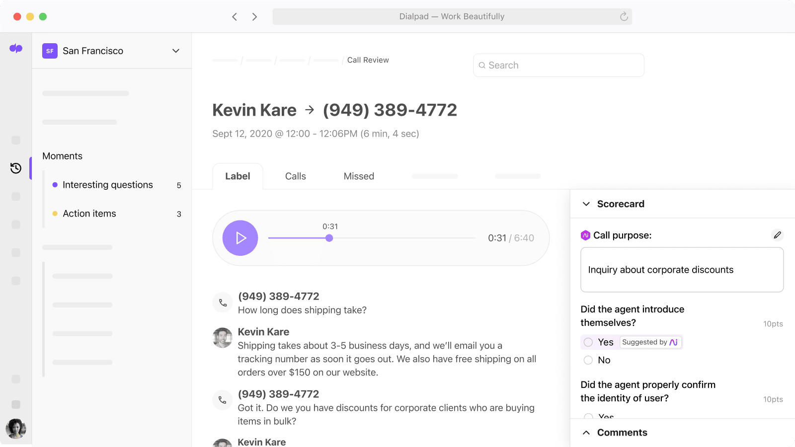 Dialpad Ai Scorecard showing which part of the call an agent met the criteria blog size