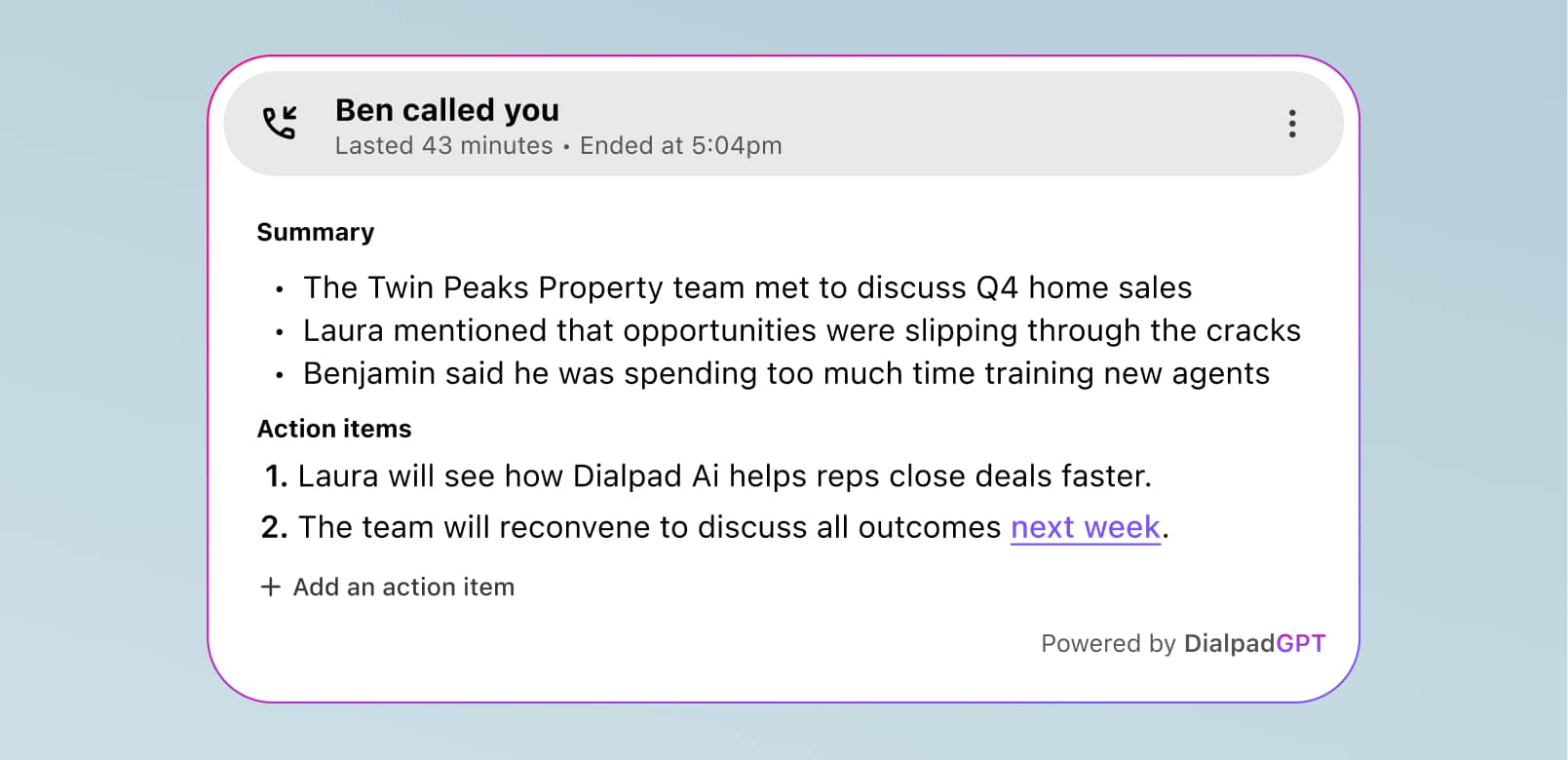 Screenshot of Dialpad Ai Recaps generating a summary and action items after a phone call ends