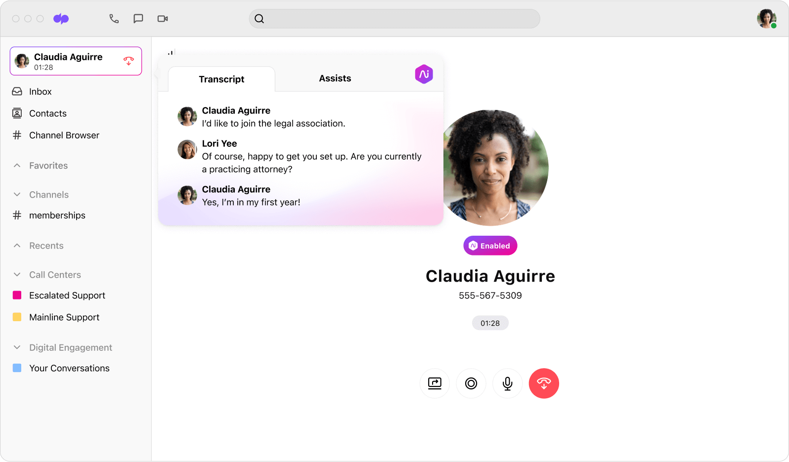 Screenshot of Dialpad Ai transcribing a phone call in real time