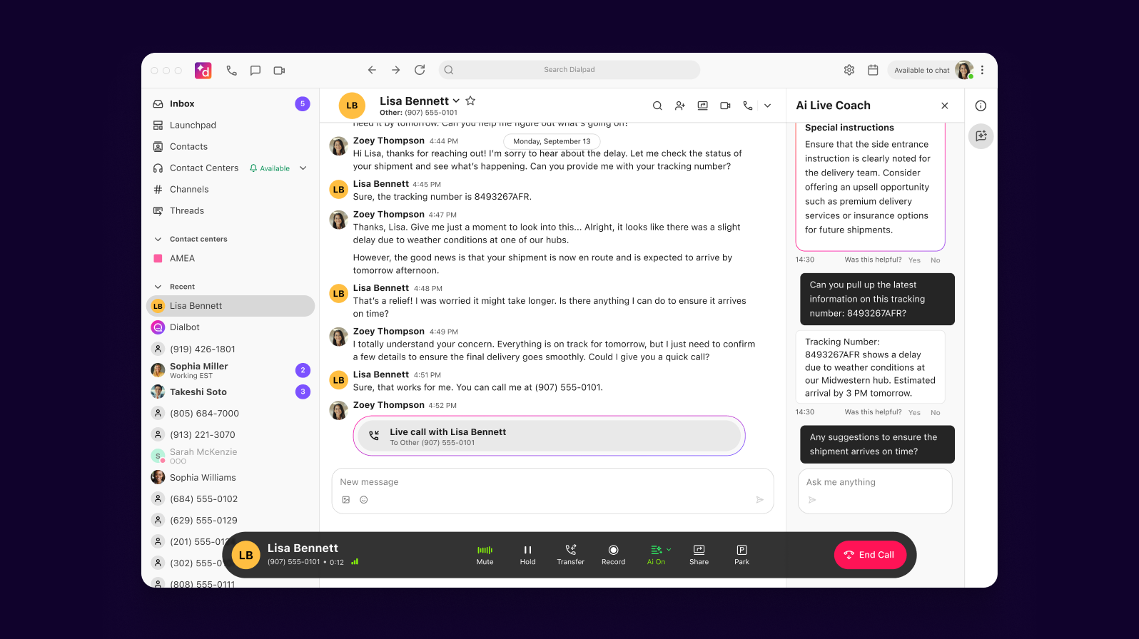 Screenshot of Dialpads Ai Agent Assist feature automatically searching for information to help an agent or rep in real time