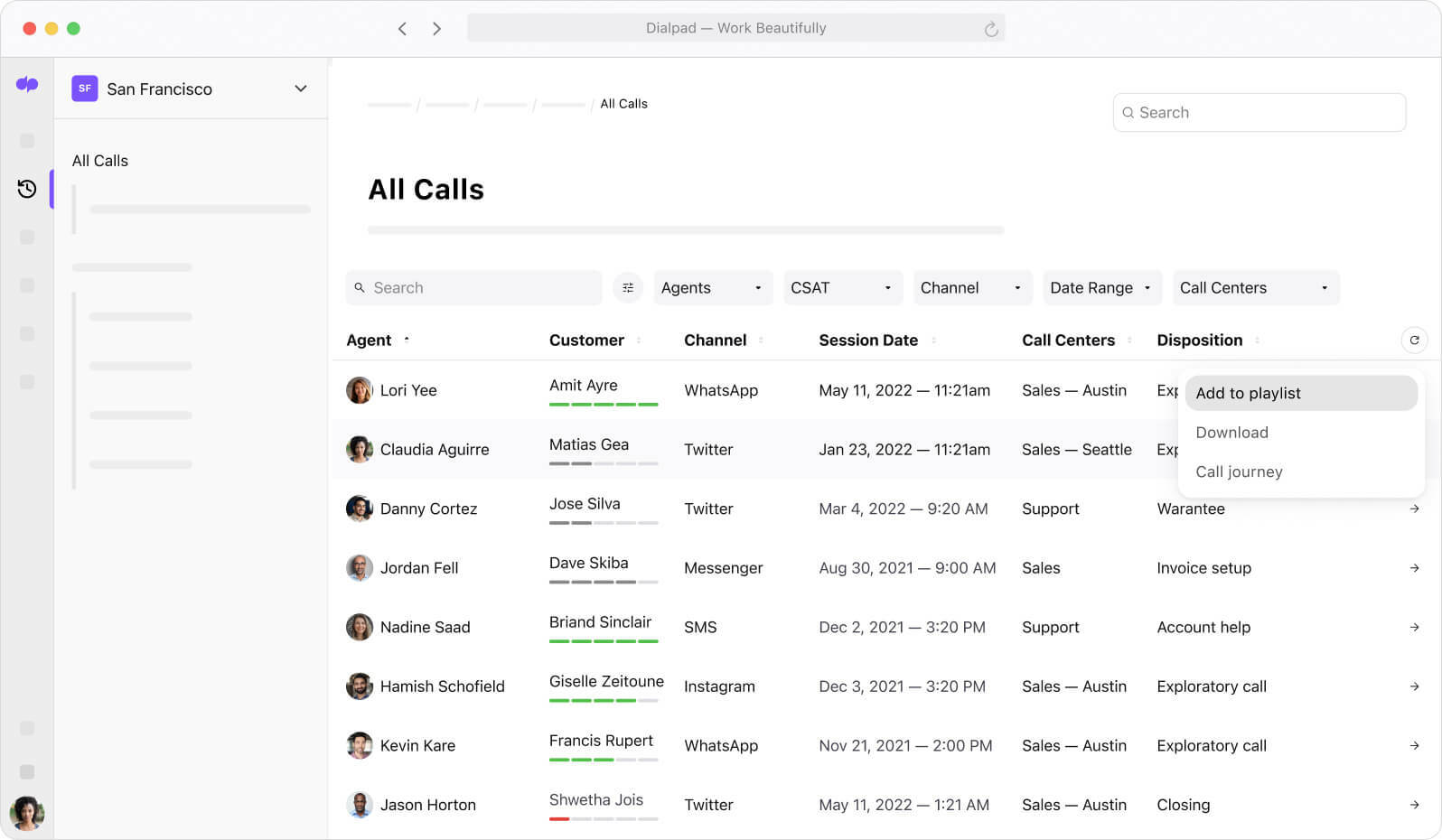 Screenshot of creating a coaching call playlist in Dialpad
