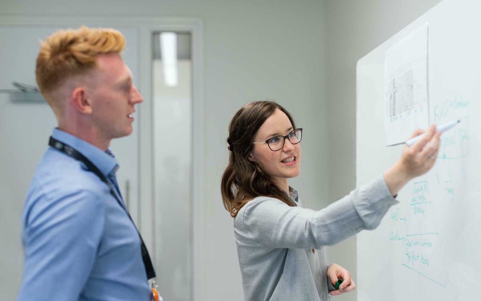 Two colleagues discussing in front of a white board