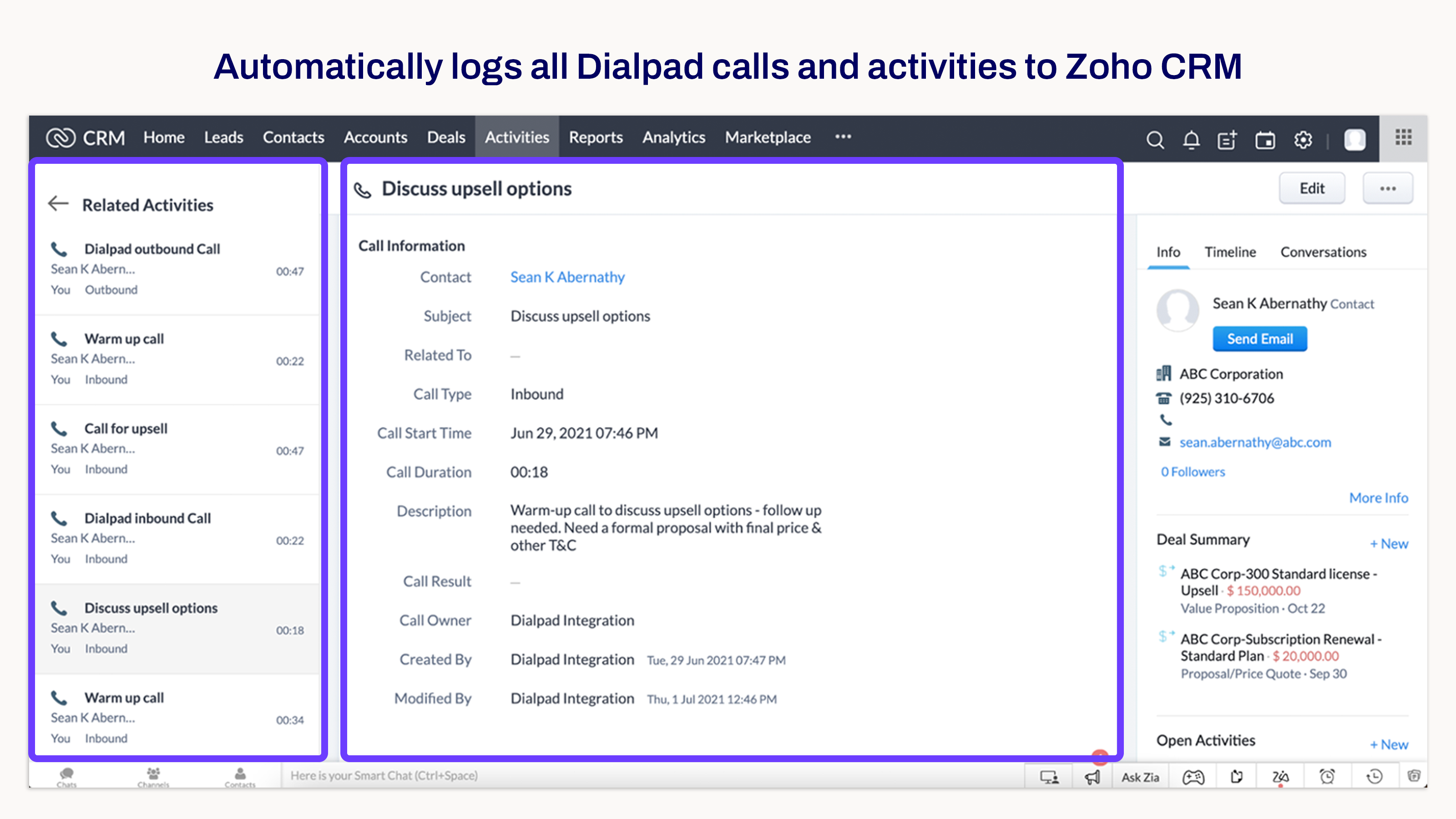 Zoho Dialpad Call Activitiy Logs