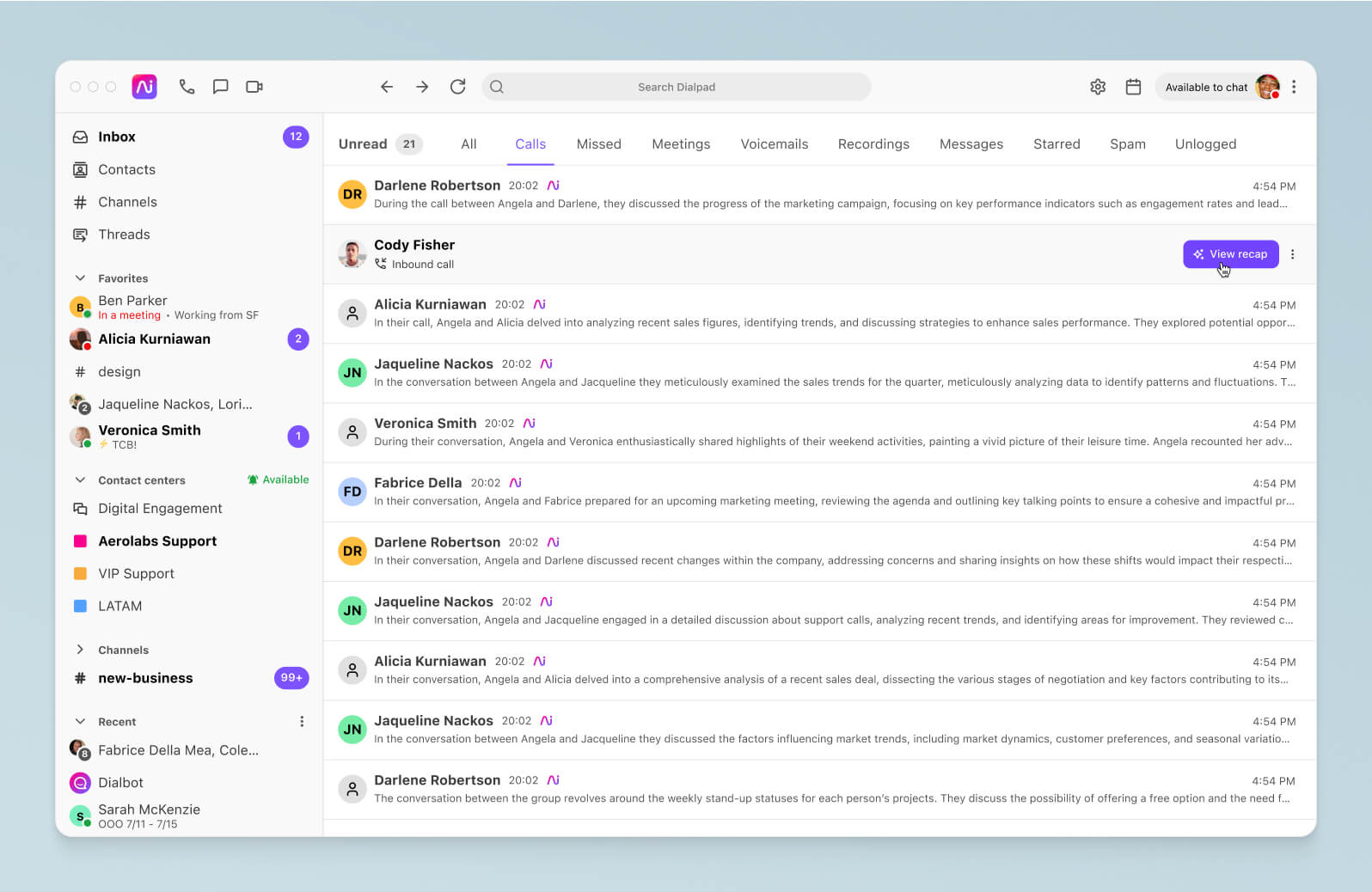 Screenshot of calls in Dialpad [light grey bg]