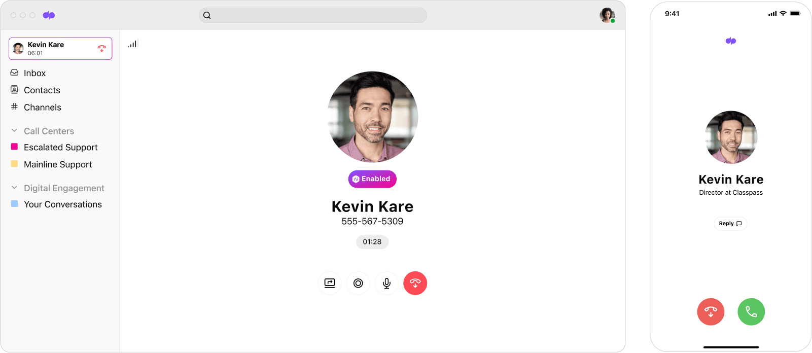 Screenshot of Dialpad's call flip feature seamlessly flipping a call between a desktop and mobile app