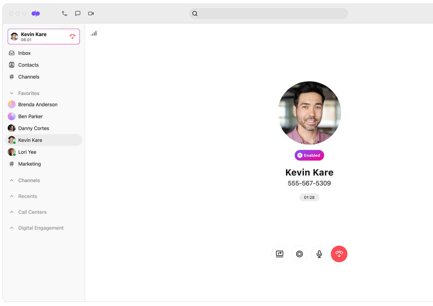 Screenshot of an ongoing phone call on Dialpad's desktop app