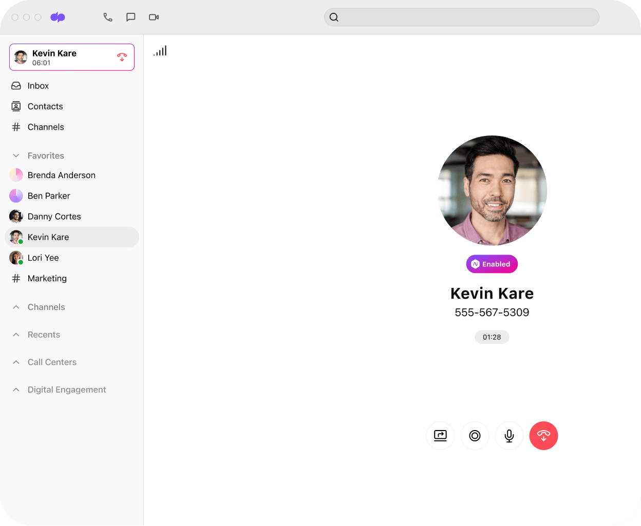 Screenshot of an ongoing phone call on Dialpad's desktop app