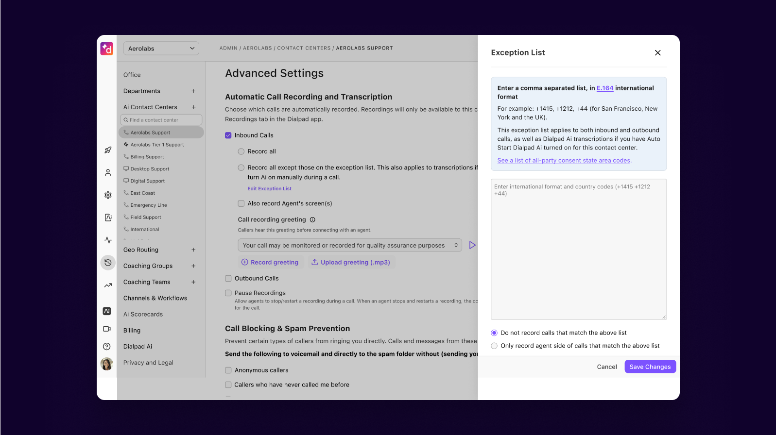 Contact center edit exception list