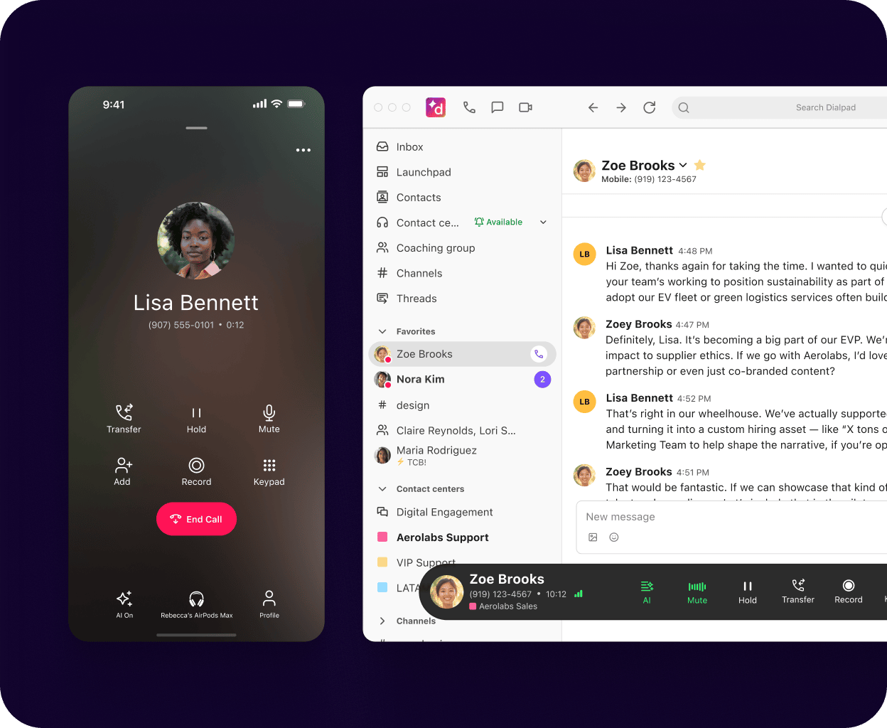 Screenshot of Dialpad's business text messaging features