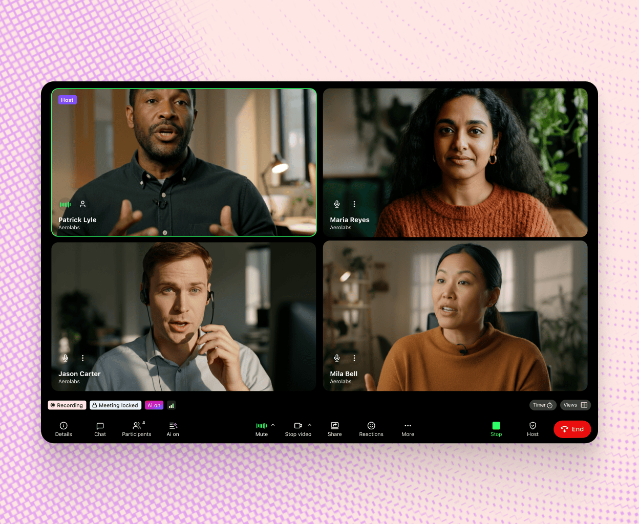 Screenshot of Dialpad's video conferencing interface displaying a video call with four participants