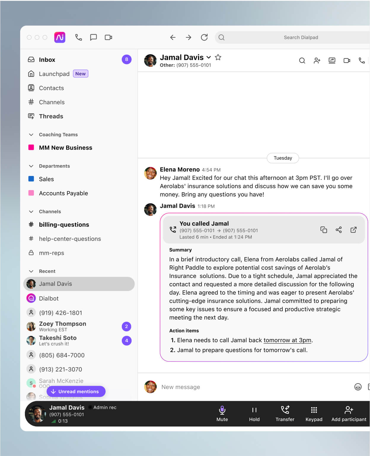 Screenshot of Dialpad AI Recaps generating a call summary and list of action items