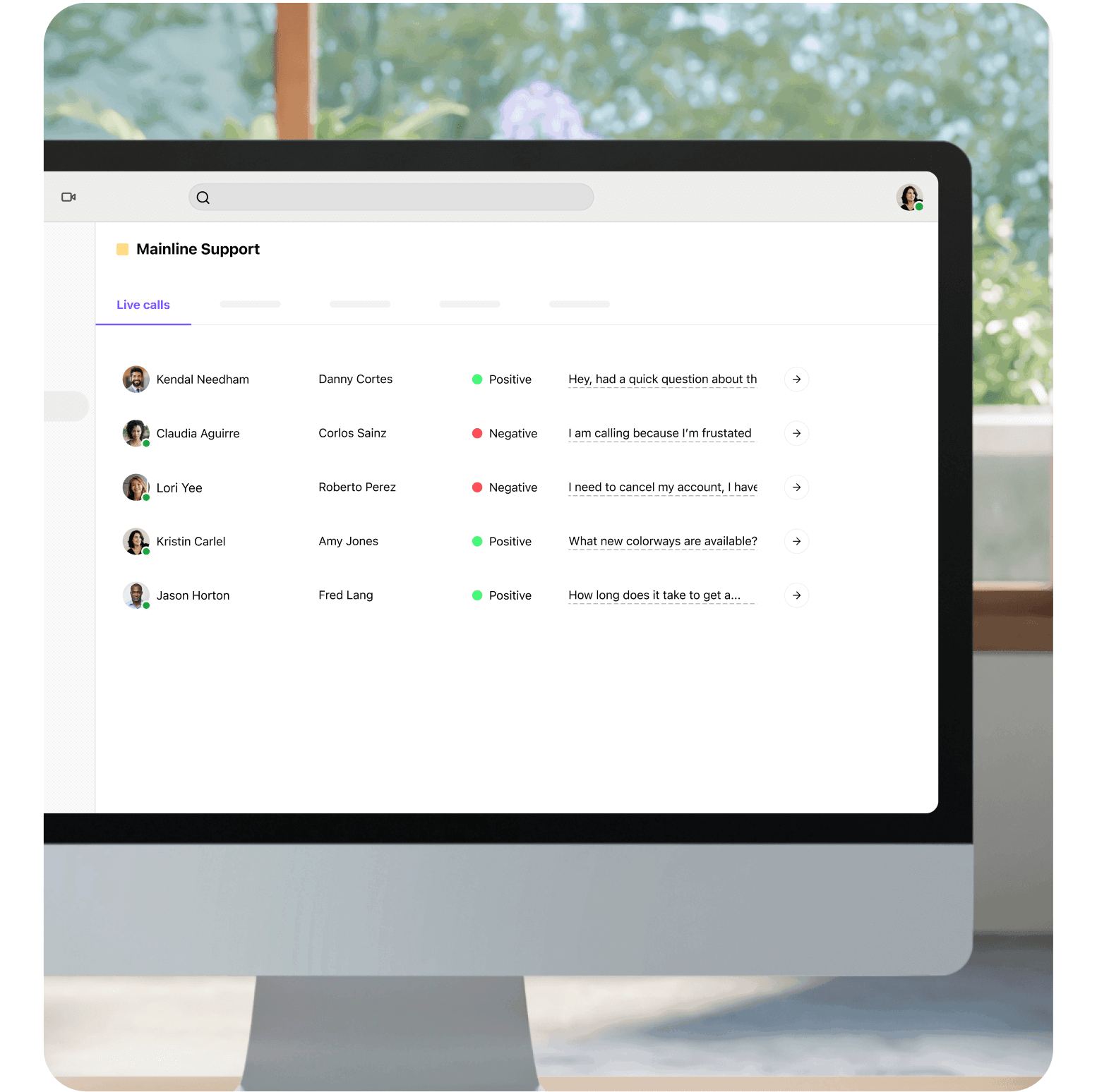 Screenshot of Dialpad AI analyzing the sentiment of multiple calls in real time