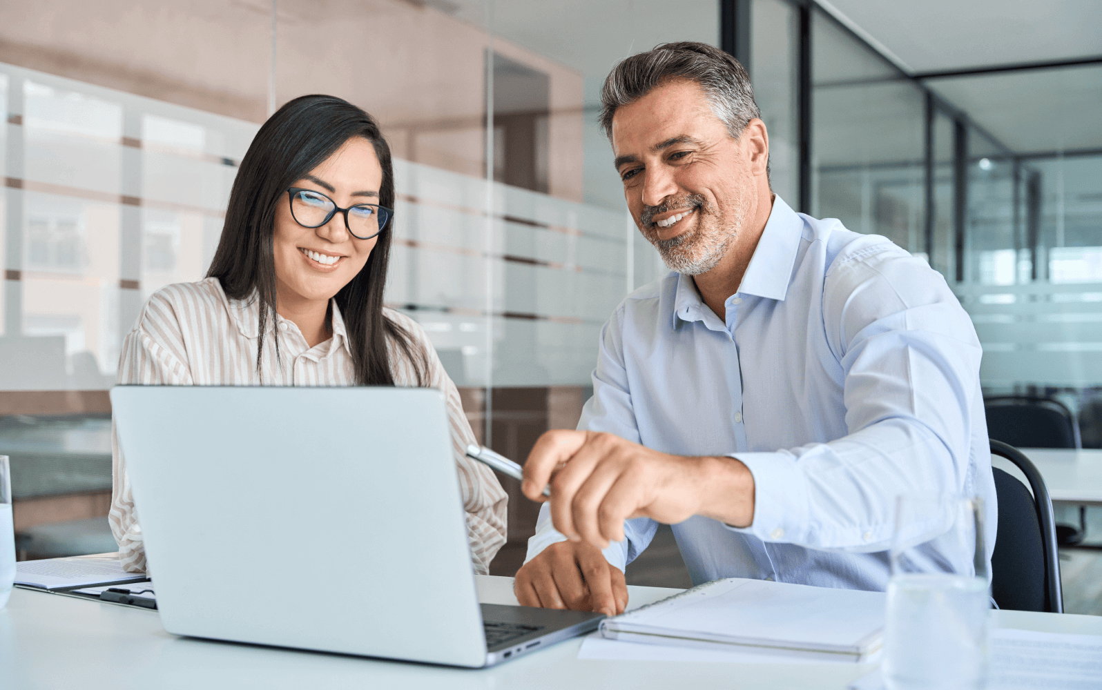 Two colleagues viewing a laptop together