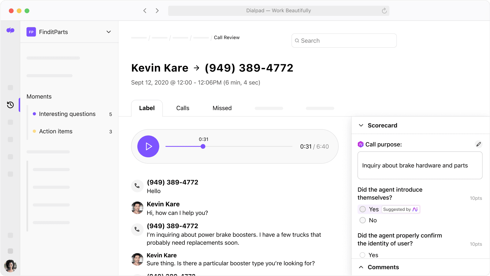 Screenshot of Dialpad Ai Scorecard showing which part of the call an agent met the criteria
