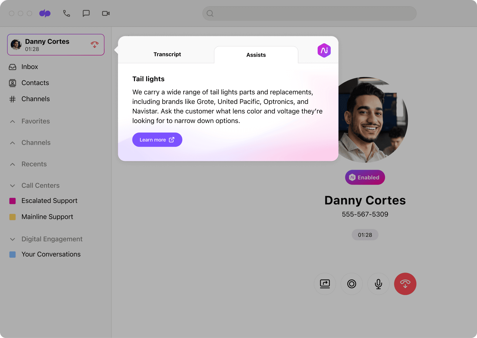 Screenshot of Dialpads AI powered real time assist card feature popping up helpful notes for an agent or rep when a tricky question comes up on a call
